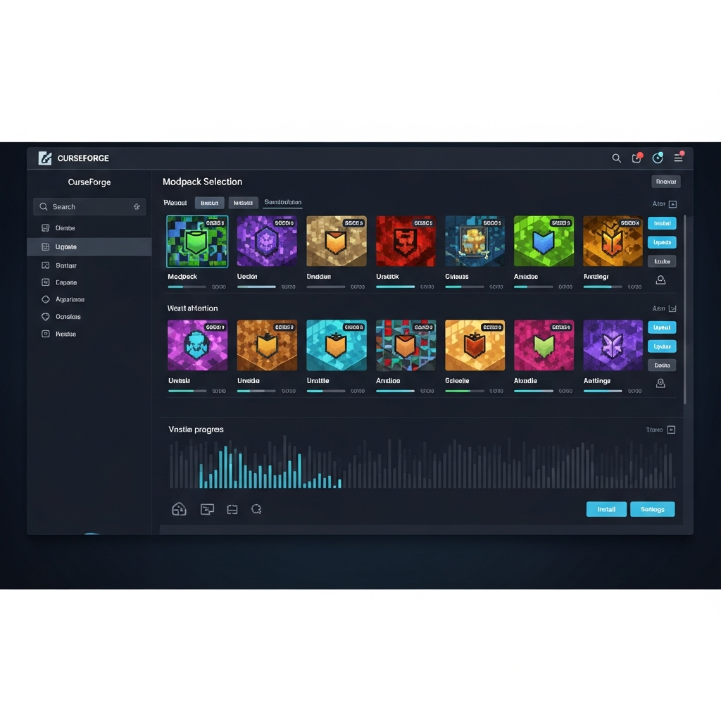 photorealistic screenshot of a modern game server control panel interface showing a modpack selection menu with CurseForge integration, featuring colorful mod thumbnails, installation progress bars, and configuration options on a clean dark-themed dashboard