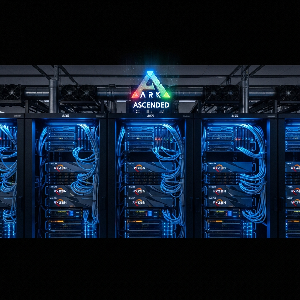 photorealistic server room with rows of AMD Ryzen 9 processors illuminated by blue LED lights, high-tech cooling systems visible, focus on enterprise-grade hardware with ARK Survival Ascended logo holographically projected above the servers