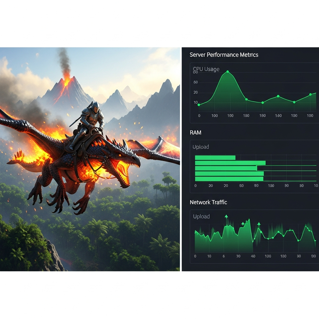 split-screen view showing ARK player riding a fire wyvern on left side and server performance metrics dashboard on right side displaying CPU usage graphs, RAM allocation bars, and network traffic indicators, all showing green optimal status