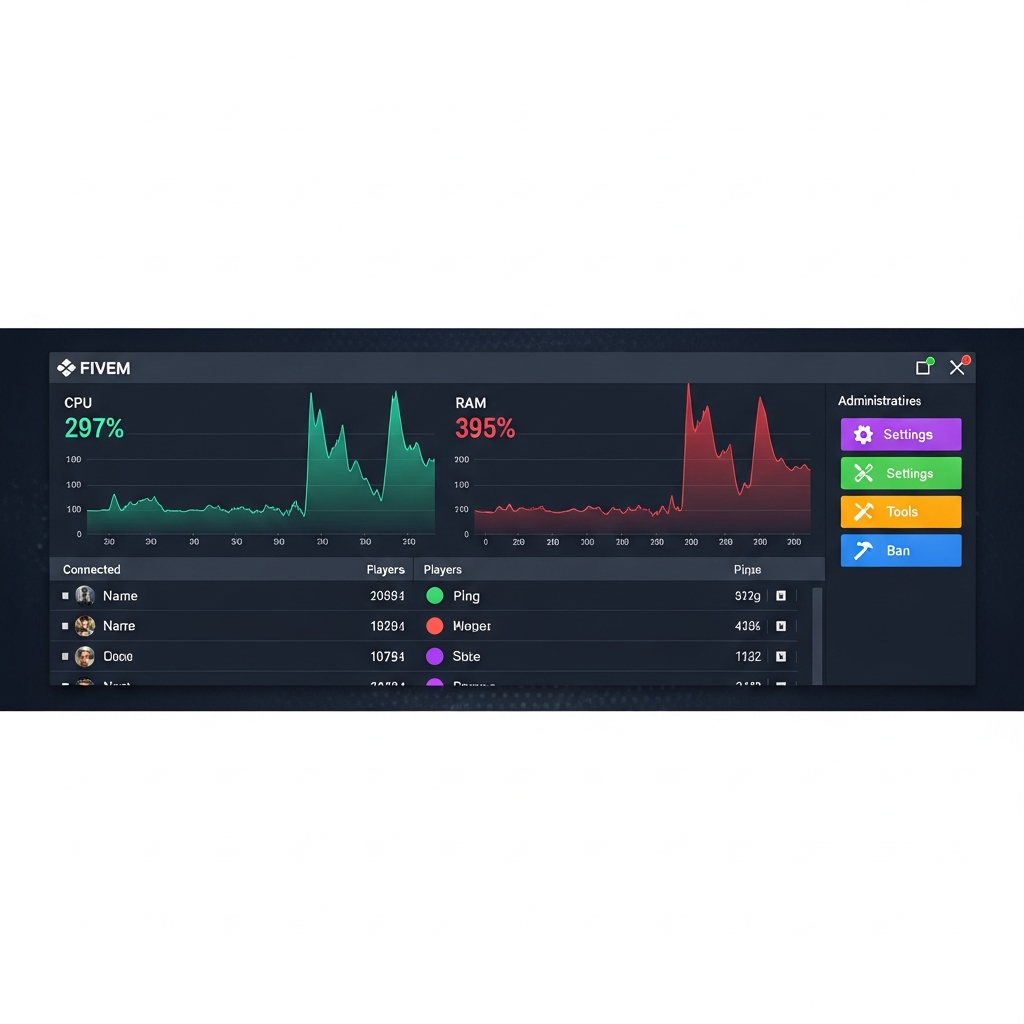 tableau de bord photoréaliste d'un serveur FiveM affichant des graphiques de consommation CPU et RAM en temps réel, liste des joueurs connectés avec leur ping, et boutons d'administration colorés sur interface moderne et épurée