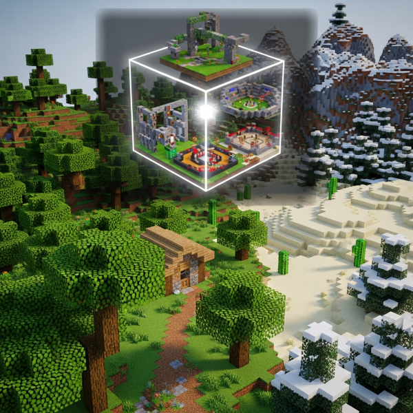 Ilustración inmersiva del tema: servidor Minecraft minijuegos