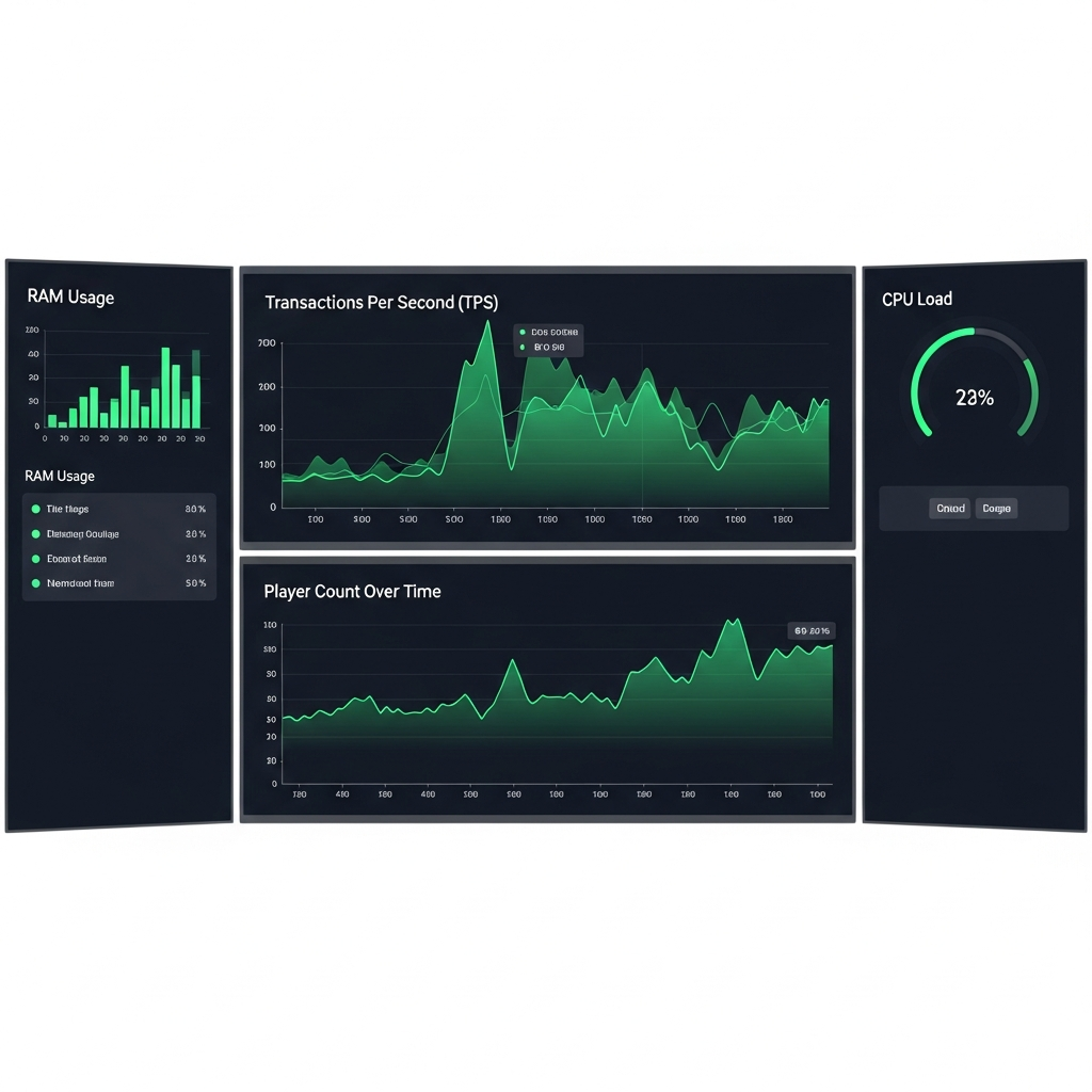 A detailed performance monitoring dashboard showing server metrics - TPS graphs, RAM usage, CPU load, and player count over time, with vibrant green performance indicators, modern UI design, photorealistic rendering with sharp text and charts