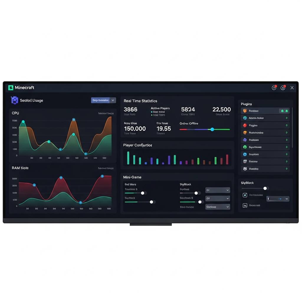 A modern gaming control panel interface on a high-resolution monitor showing Minecraft server management dashboard with real-time player statistics, CPU and RAM graphs, colorful plugin lists, and mini-game configuration options, clean UI design with dark theme