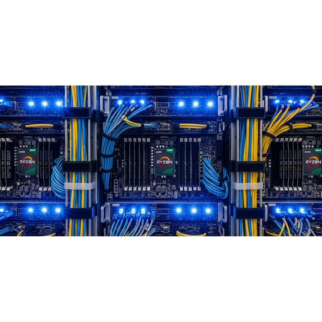 A photorealistic data center server rack with glowing blue LED indicators, featuring AMD Ryzen processors and DDR5 RAM modules clearly visible, high-tech network cables neatly organized, representing modern Minecraft server hosting infrastructure