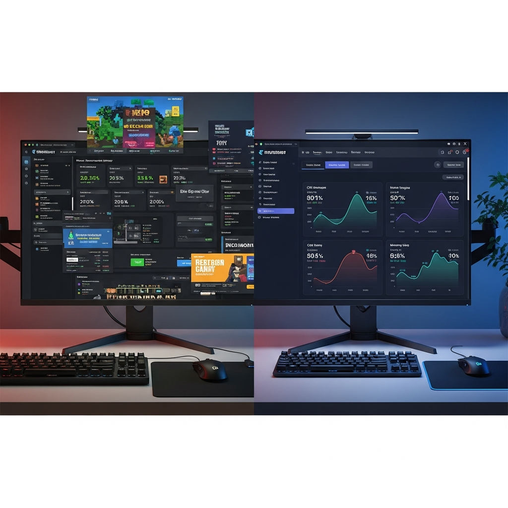 A split-screen comparison showing a laggy, ad-filled Minecraft server dashboard on the left versus a clean, professional hosting control panel with performance graphs on the right, photorealistic 4K quality with UI details clearly visible