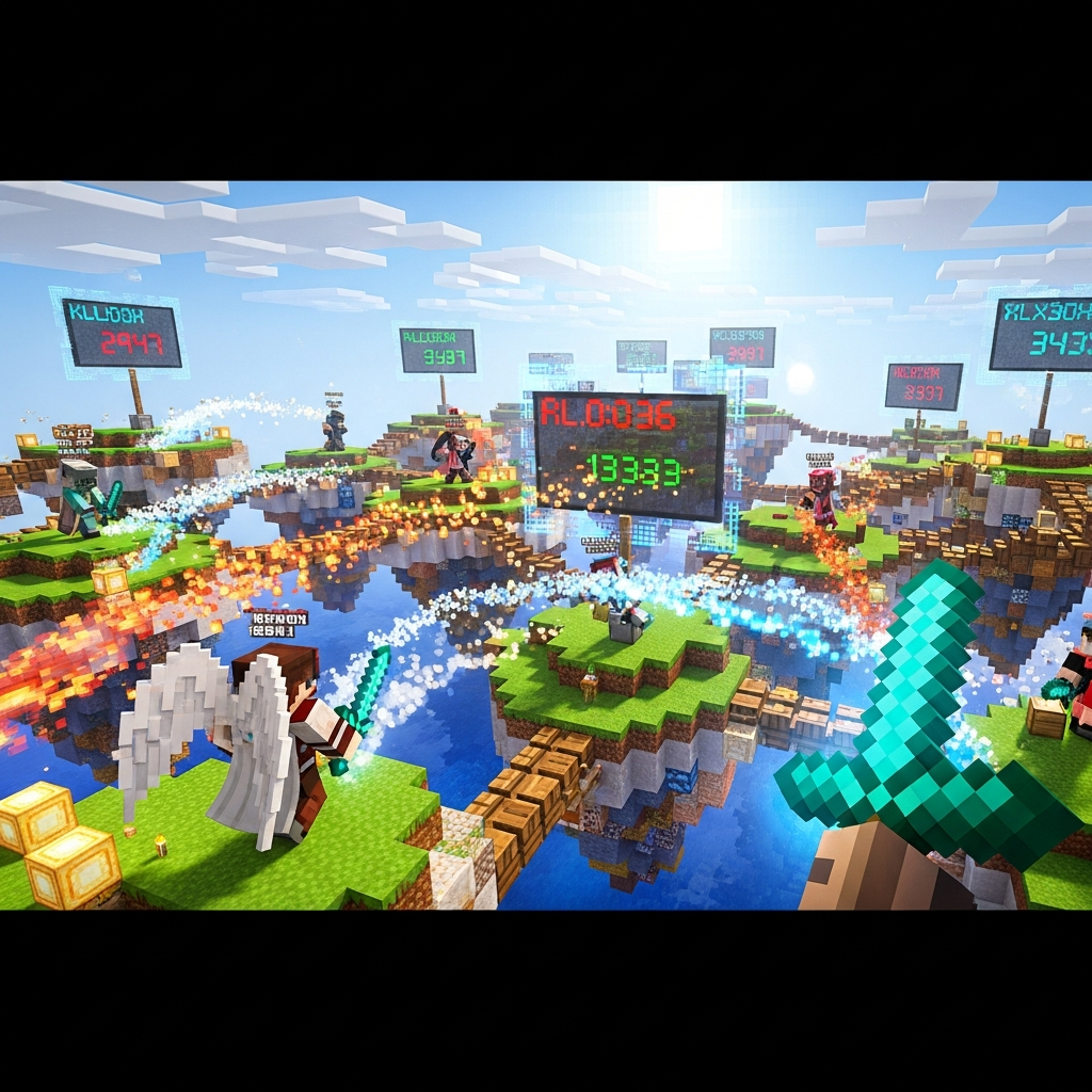 A vibrant Minecraft mini-game arena from first-person perspective showing colorful floating islands in SkyWars, players with particle trails and cosmetic effects mid-combat, holographic scoreboards displaying kills and timers, bright sky with custom texture pack details