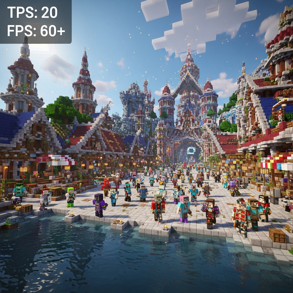 A vibrant Minecraft multiplayer scene showing a busy server hub with dozens of player characters, elaborate spawn builds with shaders enabled, and visible performance overlay showing 20 TPS and 60+ FPS, photorealistic rendering with detailed textures and lighting effects