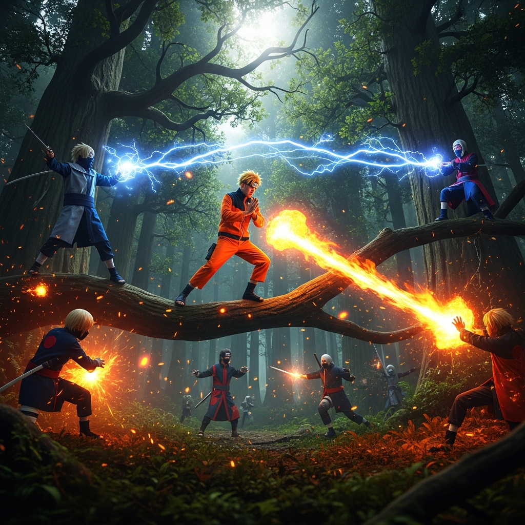 Batalla épica de roleplay en un servidor Naruto Gmod con jugadores lanzando jutsus de fuego y electricidad, efectos de partículas brillantes, escenario del Bosque de la Muerte con árboles gigantes, ambiente dinámico y acción intensa