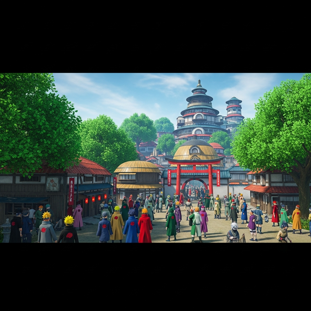 Captura de pantalla en alta resolución de la Aldea de Konoha recreada en Garry's Mod, con jugadores vestidos de ninjas usando capas y bandanas, árboles frondosos, edificios tradicionales japoneses y cielo despejado, ambiente inmersivo de roleplay Naruto