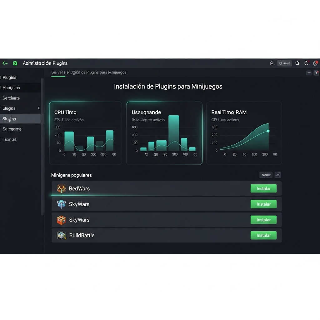 Captura de pantalla fotorrealista del panel de administración de servidor Minecraft mostrando la sección de instalación de plugins para minijuegos, con interfaz moderna en español, gráficos de uso de CPU y RAM en tiempo real, y lista de plugins populares como BedWars, SkyWars y BuildBattle listos para instalar con un clic