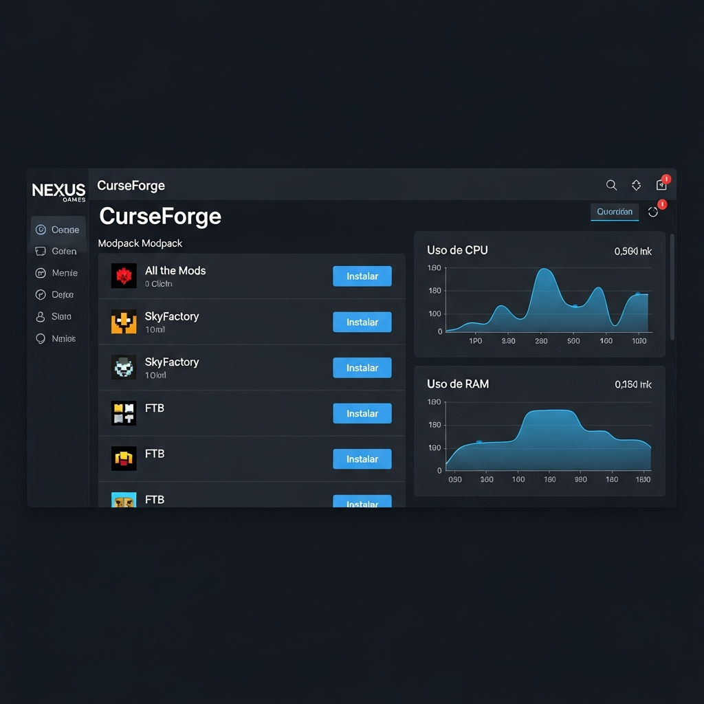 Captura de pantalla fotorrealista del panel de administración Nexus Games mostrando la interfaz de instalación de modpacks de CurseForge, con una lista de modpacks populares (All the Mods, SkyFactory, FTB), botones de instalación con un clic, gráficos de uso de CPU y RAM en tiempo real, todo en español con diseño moderno y profesional
