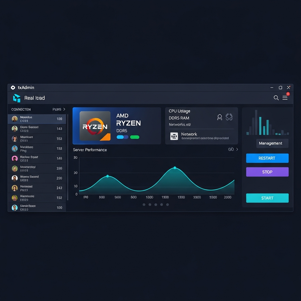 Captura de pantalla fotorrealista del panel de control txAdmin de FiveM mostrando el dashboard principal con gráficos de rendimiento del servidor en tiempo real, procesador AMD Ryzen, uso de RAM DDR5, lista de jugadores conectados y botones de gestión, en interfaz moderna oscura con detalles precisos