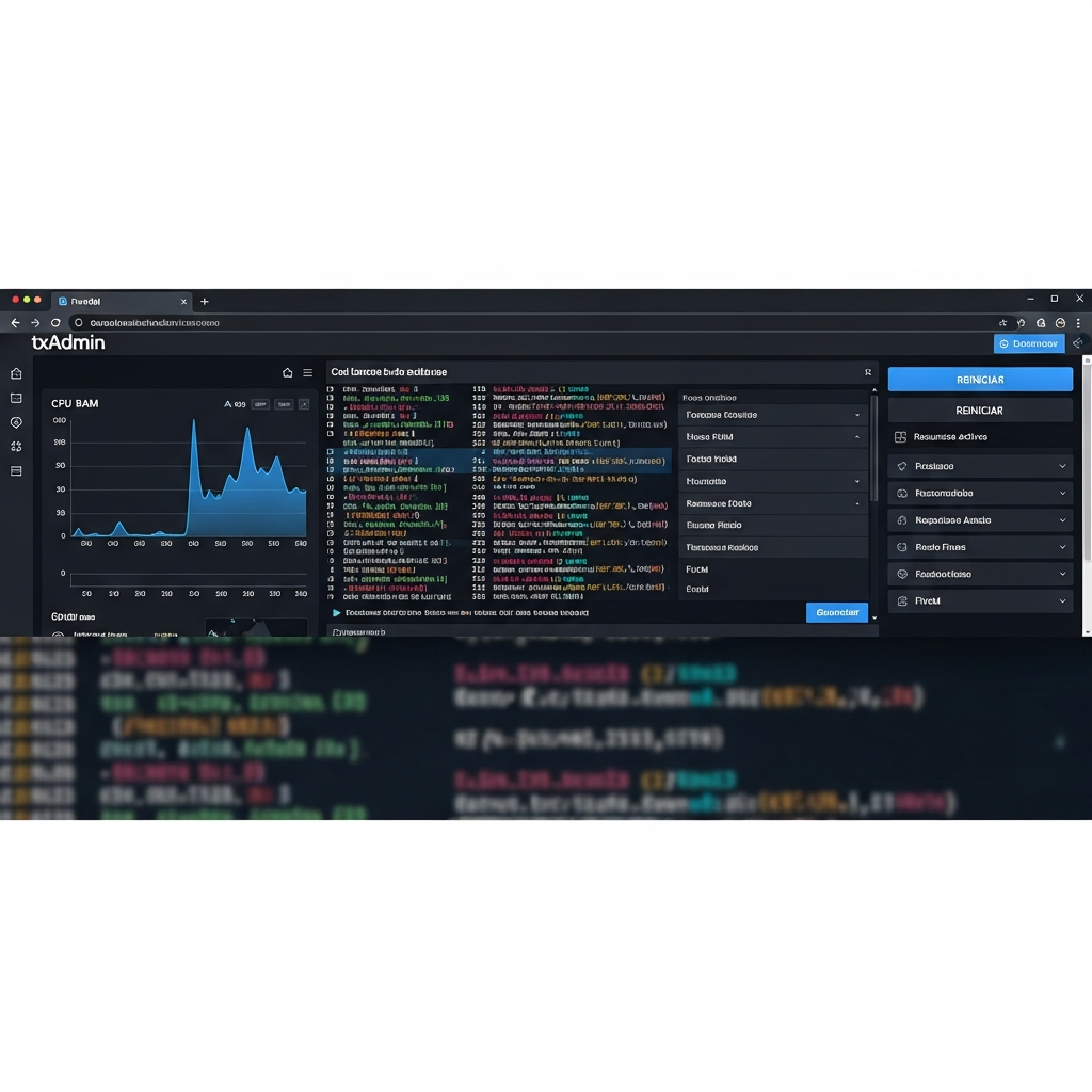 Captura de pantalla fotorrealista del panel txAdmin de FiveM en el navegador, mostrando la consola del servidor en tiempo real, botones de reinicio, lista de recursos activos, gráficos de uso de CPU y RAM, tema oscuro moderno, interfaz en español, fondo de código y logs desfilando