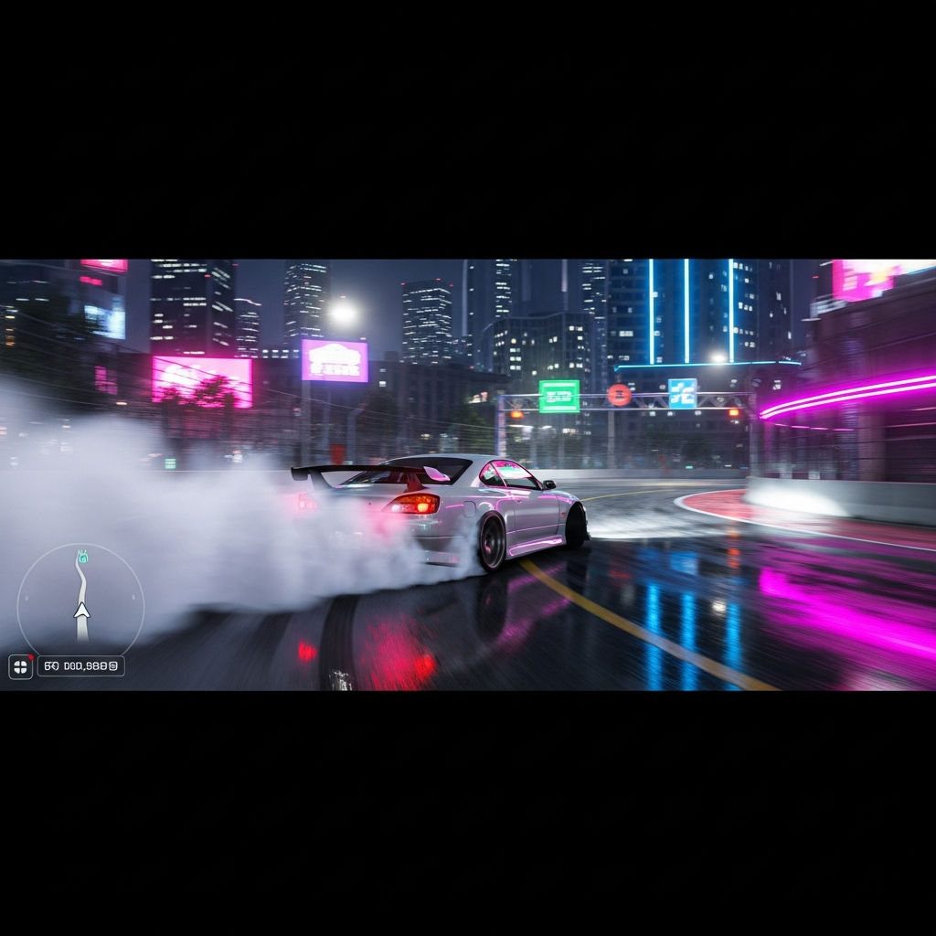 Captura de pantalla fotorrealista de un Nissan Silvia S15 derrapando en ángulo cerrado en un circuito urbano nocturno de FiveM, con estelas de humo blanco, iluminación neón rosa y azul reflejándose en el asfalto mojado, interfaz de FiveM visible en la esquina inferior