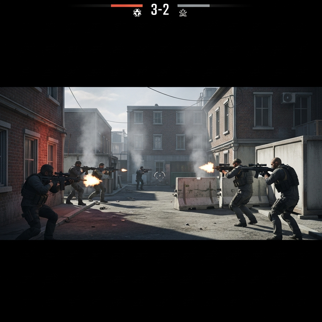 Captura de pantalla fotorrealista de una arena de combate en FiveM Gunfight con dos equipos enfrentados en un mapa urbano pequeño, interfaz minimalista mostrando marcador 3-2, armas modernas en manos de jugadores, iluminación dinámica y humo de disparos