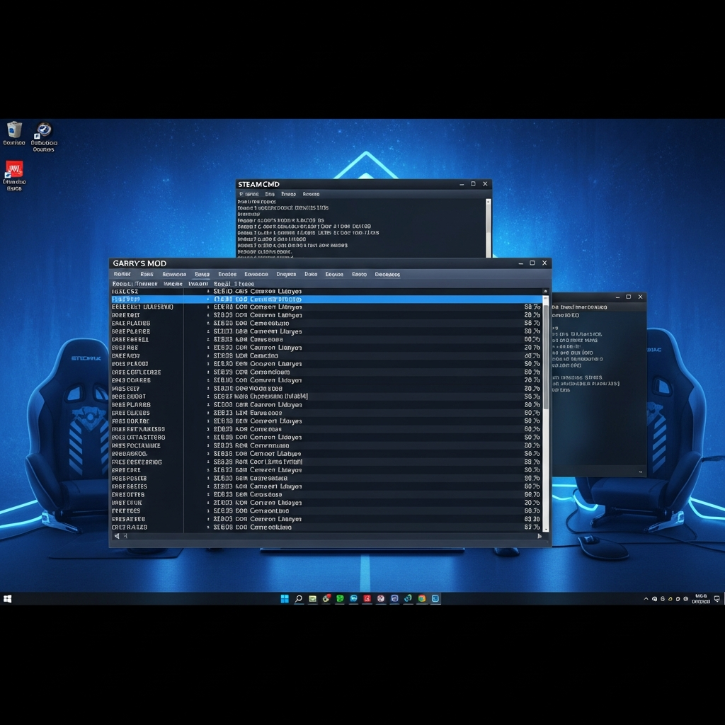 Captura de pantalla fotorrealista de una consola de servidor de Garry's Mod en Windows mostrando logs de conexión de jugadores, uso de CPU y RAM, con interfaz de SteamCMD visible en segundo plano y escritorio gaming con iluminación RGB azul
