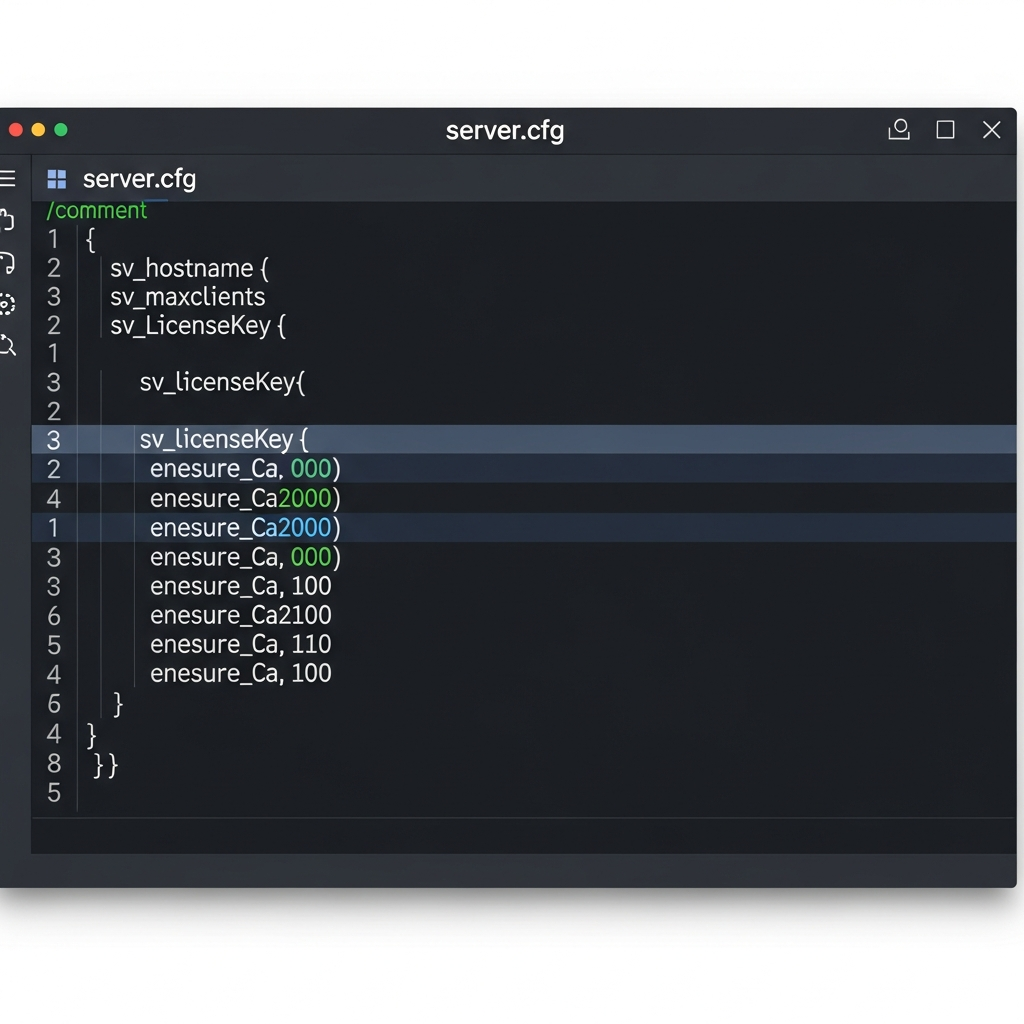 Captura de pantalla fotorrealista de un archivo server.cfg abierto en un editor de texto, con líneas de configuración como sv_hostname, sv_maxclients, sv_licenseKey y ensure, fondo oscuro de editor de código, interfaz moderna y profesional