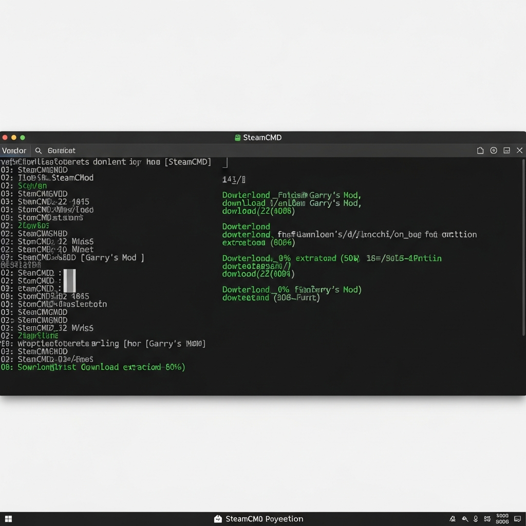Captura de pantalla fotorrealista de una terminal Linux mostrando la instalación de SteamCMD con líneas de código verde sobre fondo negro, incluyendo mensajes de progreso de descarga de Garry's Mod