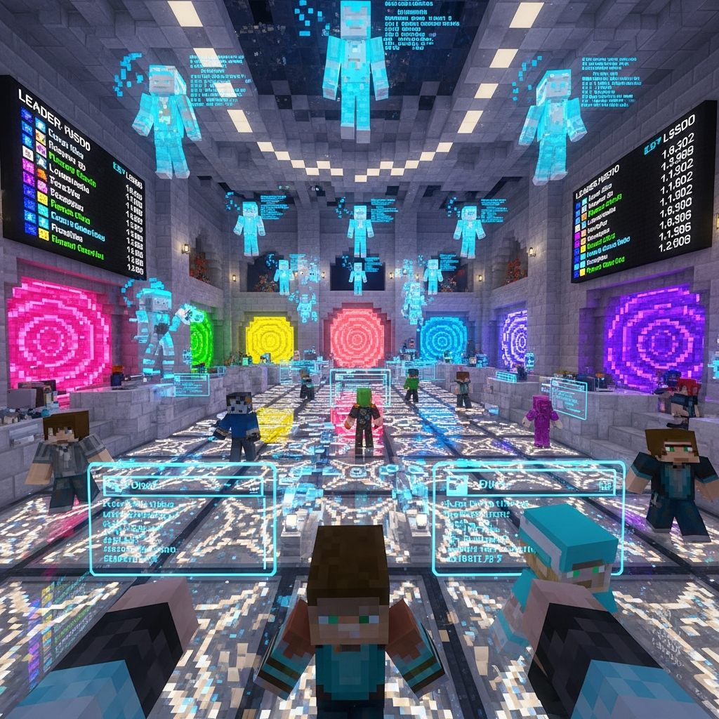 Captura fotorrealista del lobby central de un servidor de minijuegos Minecraft visto en primera persona, con NPCs holográficos flotantes mostrando estadísticas de jugadores, portales brillantes hacia diferentes arenas, marcadores LED con rankings en las paredes, suelo de bloques de cuarzo pulido con patrones luminosos, y jugadores con skins personalizados interactuando con menús de selección de juegos