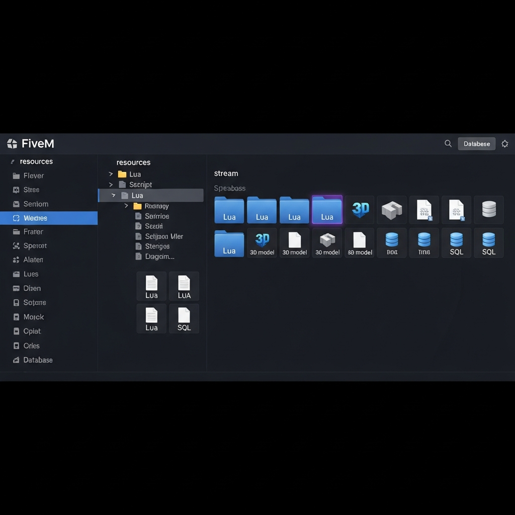 Capture d'écran d'une arborescence de dossiers d'un serveur FiveM, montrant les répertoires resources, stream, database avec des icônes de fichiers Lua, SQL et modèles 3D, interface moderne de gestionnaire de fichiers sur fond sombre