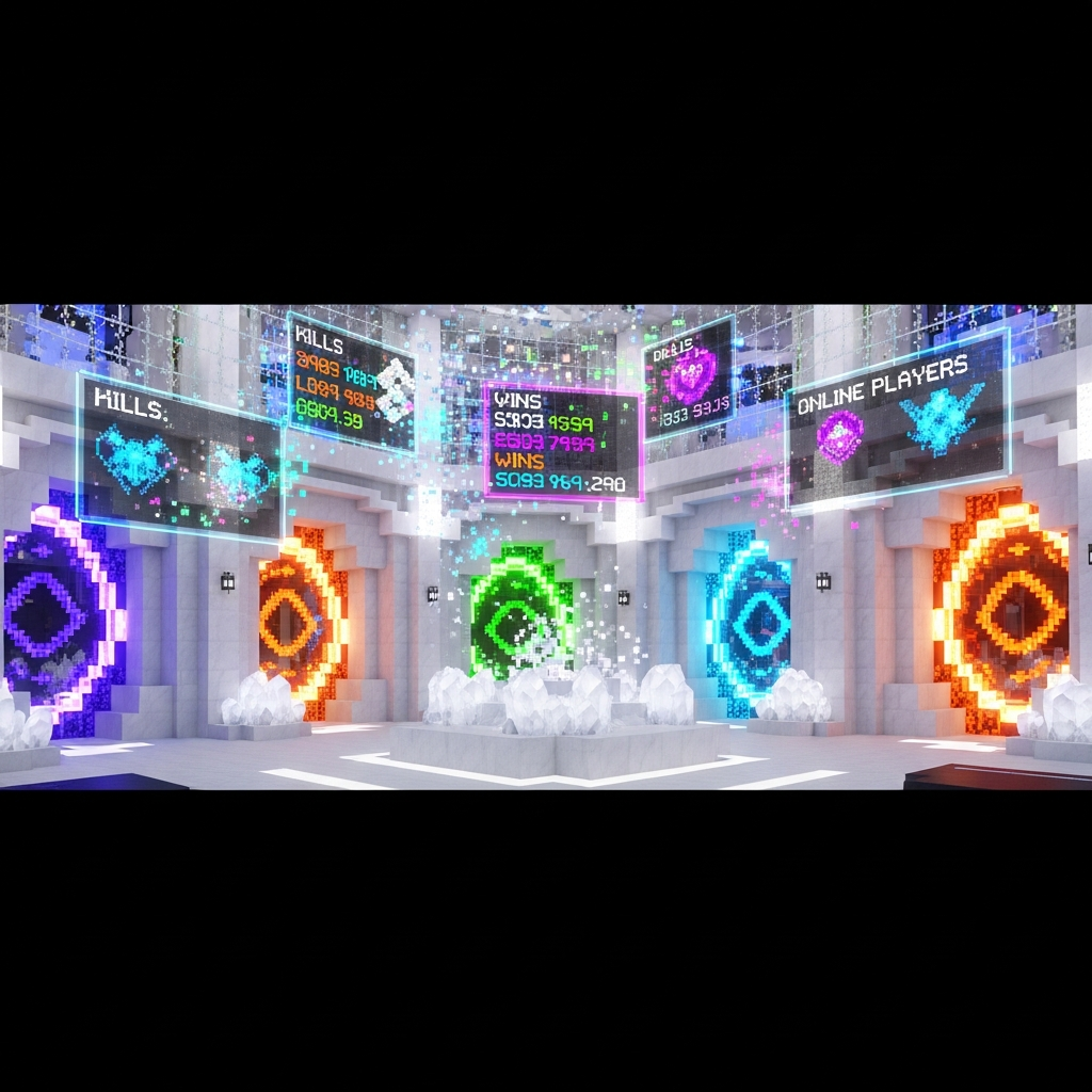 Capture d'écran d'un lobby Minecraft mini-jeux coloré avec des portails lumineux vers différents modes de jeu, des hologrammes affichant les statistiques des joueurs, et une architecture moderne en quartz et verre