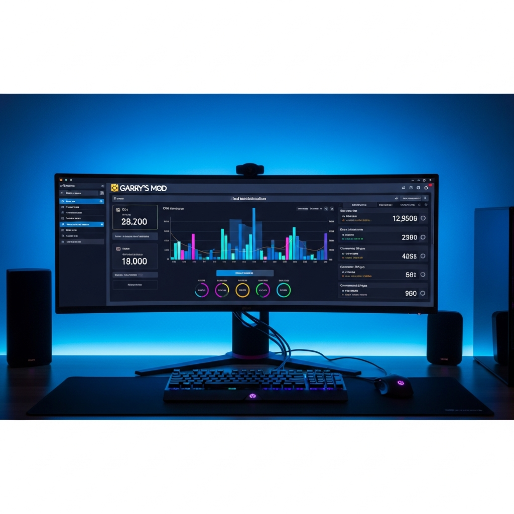 Capture d'écran d'un panel d'administration moderne pour serveur Garry's Mod affichant les statistiques en temps réel (CPU, RAM, joueurs connectés), avec une interface sombre et des graphiques colorés, sur un écran d'ordinateur dans un environnement de bureau gaming avec éclairage RGB bleu
