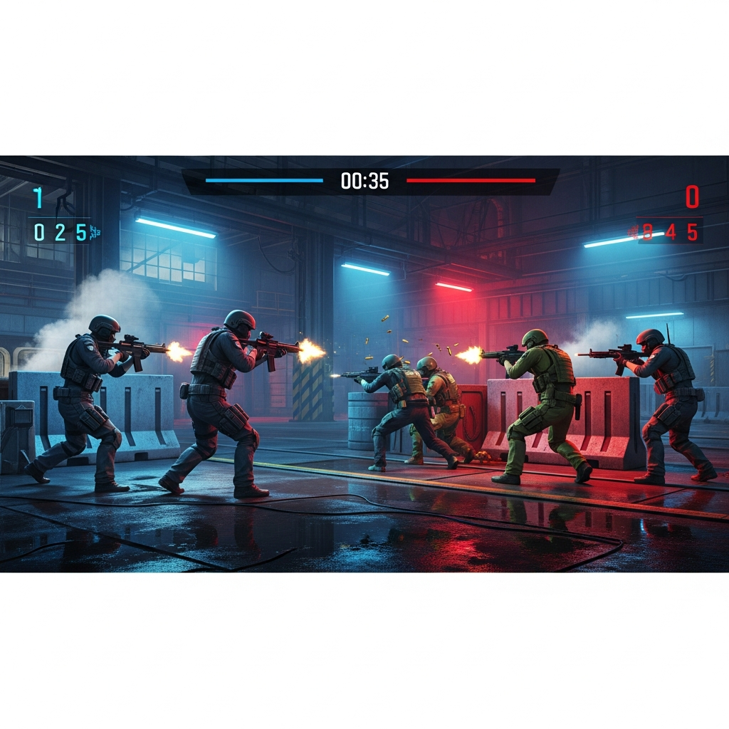 Capture d'écran haute résolution d'une arène Gunfight FiveM moderne, avec deux équipes de joueurs en tenue tactique s'affrontant dans un environnement industriel éclairé au néon, HUD minimaliste affichant timer et score, ambiance compétitive et graphismes optimisés