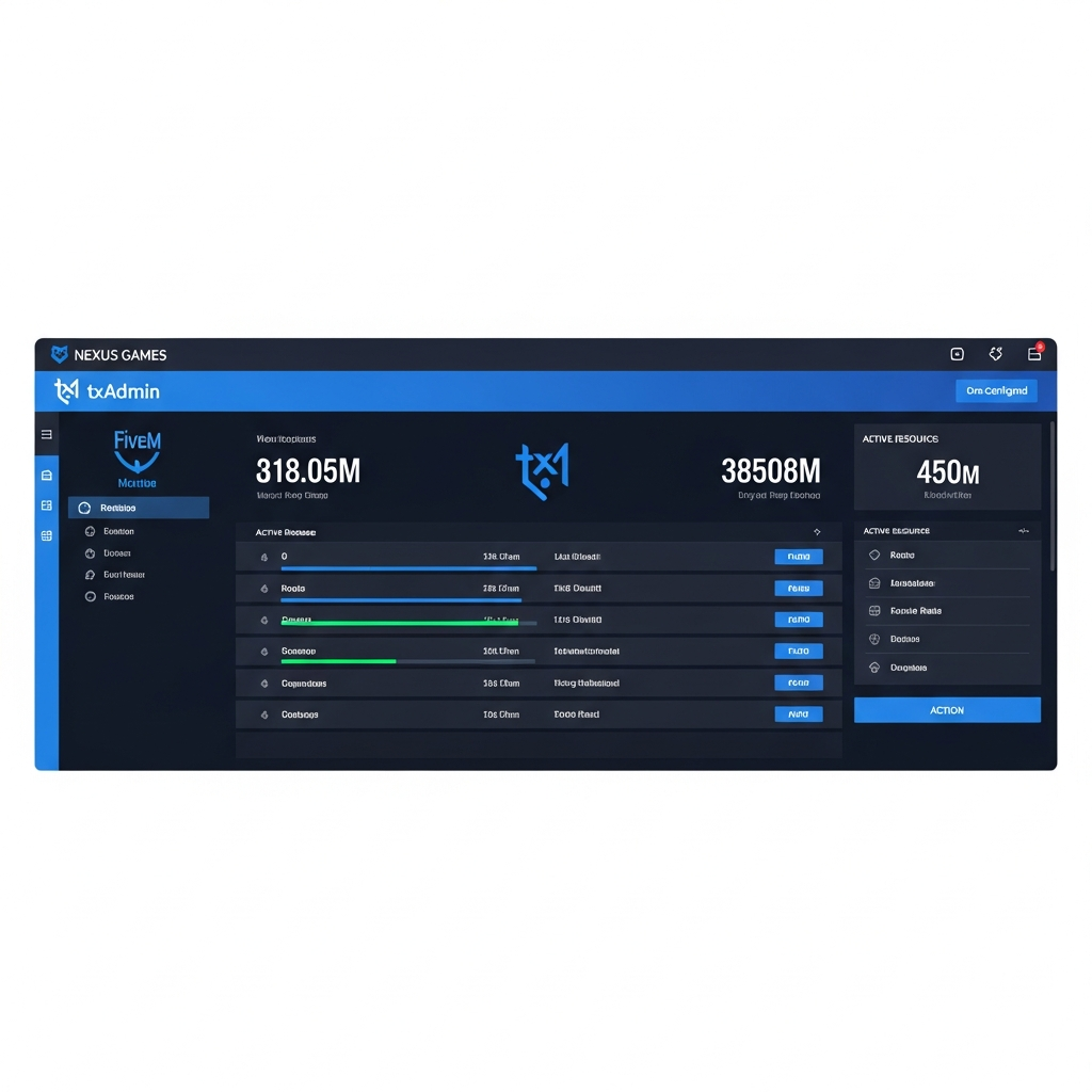 Capture d'écran haute résolution du panel Nexus Games affichant l'interface de gestion FiveM avec txAdmin préconfiguré, dashboard moderne aux tons bleus et noirs, statistiques serveur en temps réel, liste des ressources actives et boutons d'action clairement visibles
