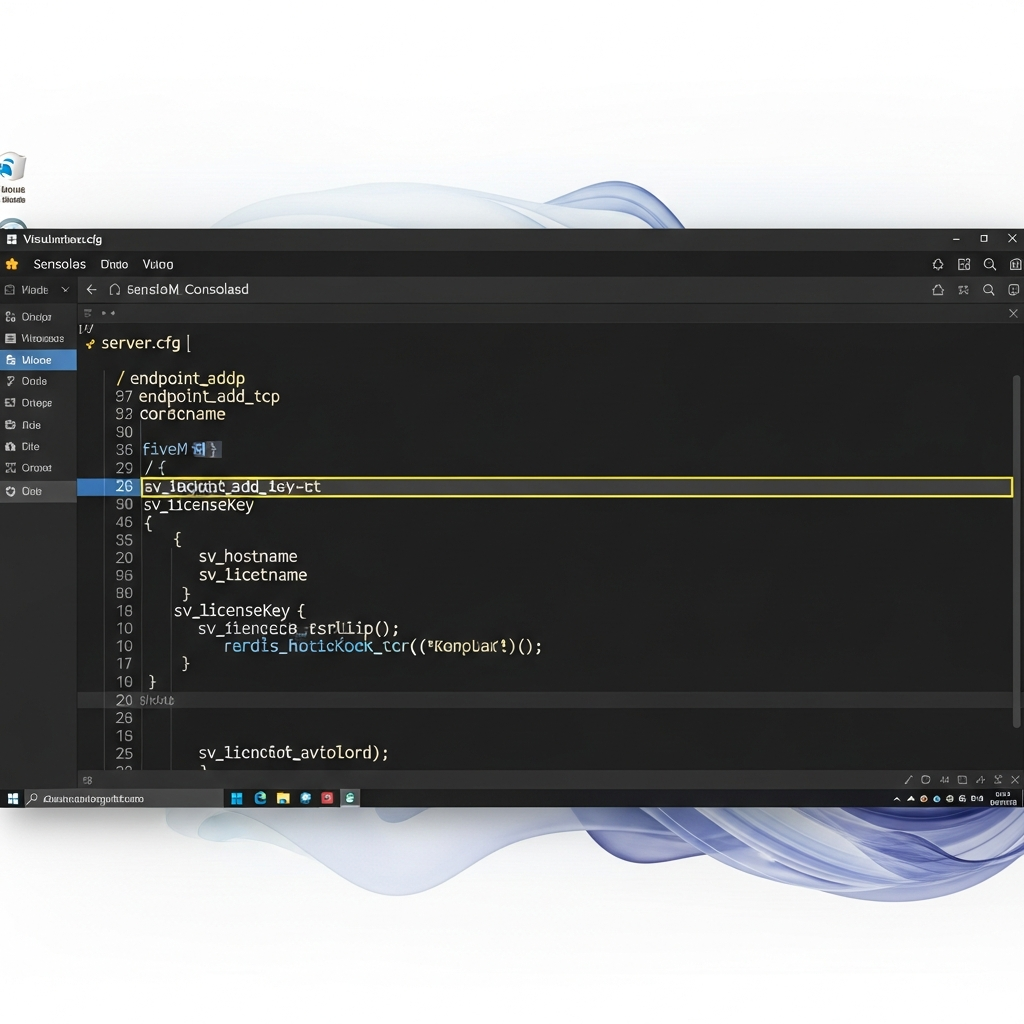 Capture d'écran photoréaliste d'un éditeur de texte moderne (Visual Studio Code) affichant un fichier server.cfg FiveM ouvert, avec coloration syntaxique des directives endpoint_add_tcp, sv_hostname et sv_licenseKey, interface sombre, police Consolas, ligne de code surlignée en jaune, fenêtre maximisée sur fond de bureau Windows minimaliste
