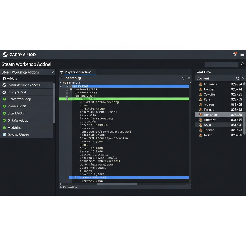 Capture d'écran photoréaliste d'un panel d'administration web gratuit pour serveur Garry's Mod, affichant la liste des addons Workshop Steam, le fichier server.cfg ouvert dans un éditeur de texte, et des logs de connexion de joueurs en temps réel sur fond sombre