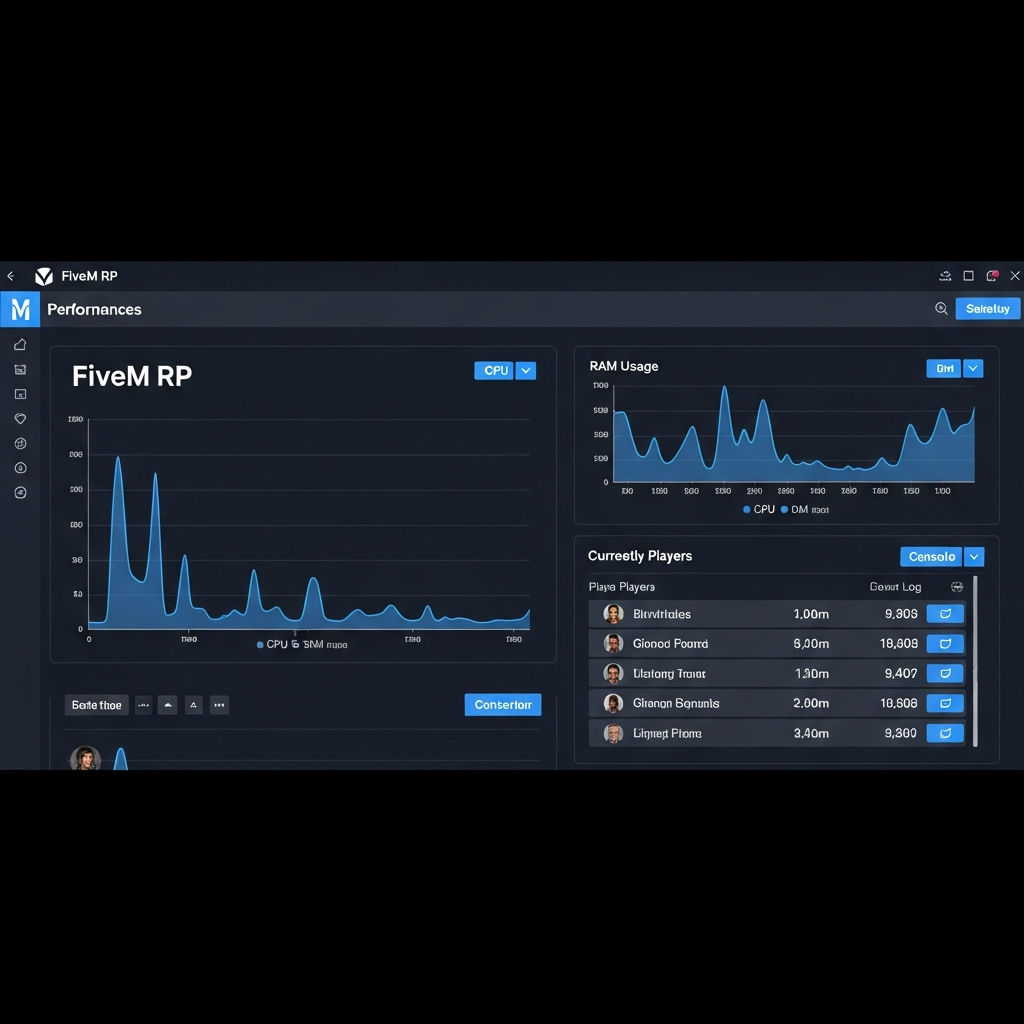 Capture d'écran photoréaliste d'un tableau de bord de panel d'hébergement moderne affichant les statistiques en temps réel d'un serveur FiveM RP, avec graphiques de performances CPU et RAM, liste de joueurs connectés, console de logs et interface épurée aux couleurs sombres et bleues