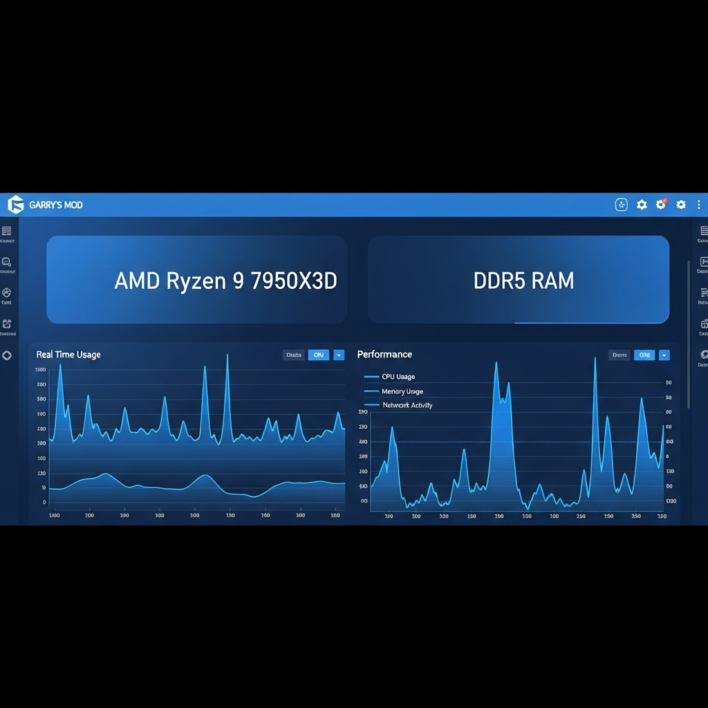 Capture d'écran photoréaliste d'un tableau de bord d'hébergement de serveur Garry's Mod montrant les spécifications techniques AMD Ryzen 9 7950X3D, RAM DDR5 et panneau de contrôle avec graphiques de performances en temps réel, interface moderne bleu et blanc