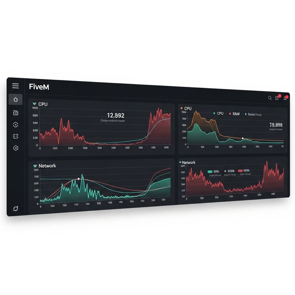 Capture d'écran réaliste d'un panel d'administration moderne affichant des graphiques de monitoring serveur FiveM avec courbes CPU, RAM et réseau en temps réel, interface sombre et épurée, données colorées claires et lisibles