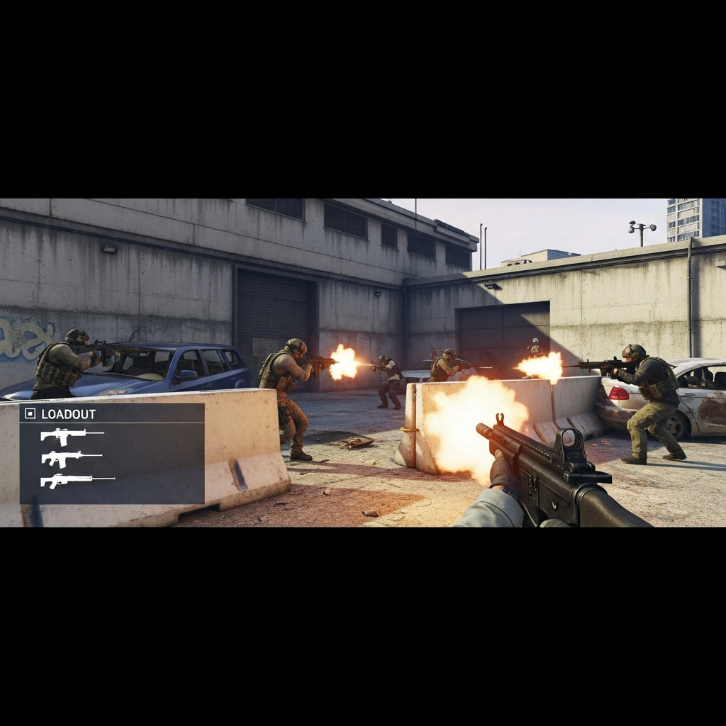 Cinematic first-person perspective screenshot inside a GTA V urban combat arena with weapon loadout selection menu visible, players in tactical gear exchanging fire, with muzzle flashes and realistic lighting