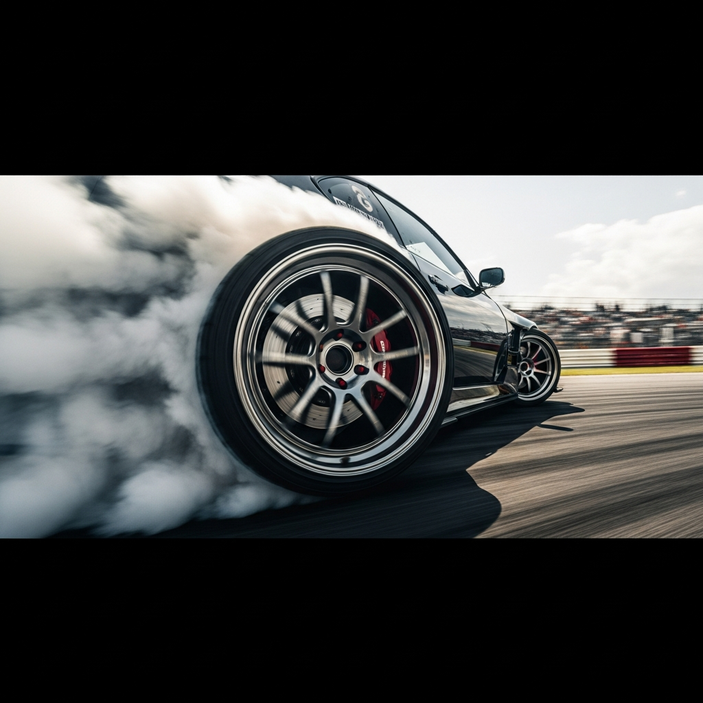 Close-up photorealistic shot of a modified drift car's rear tires mid-slide, thick white smoke billowing, detailed wheel spokes and brake calipers, motion blur on background track elements, high contrast lighting