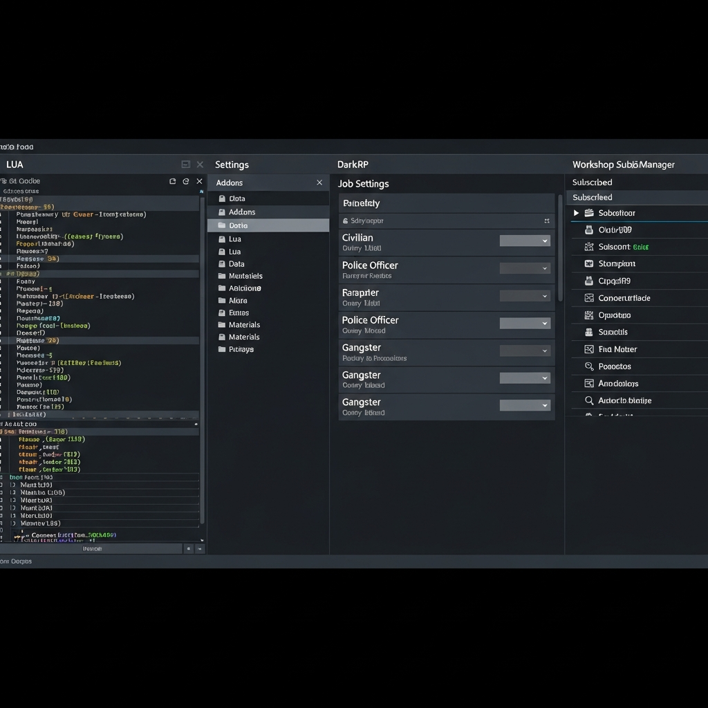 Close-up photorealistic view of a Garry's Mod server configuration panel interface displaying DarkRP job settings, lua code editor, and Workshop subscription manager with modern dark UI theme and detailed file trees