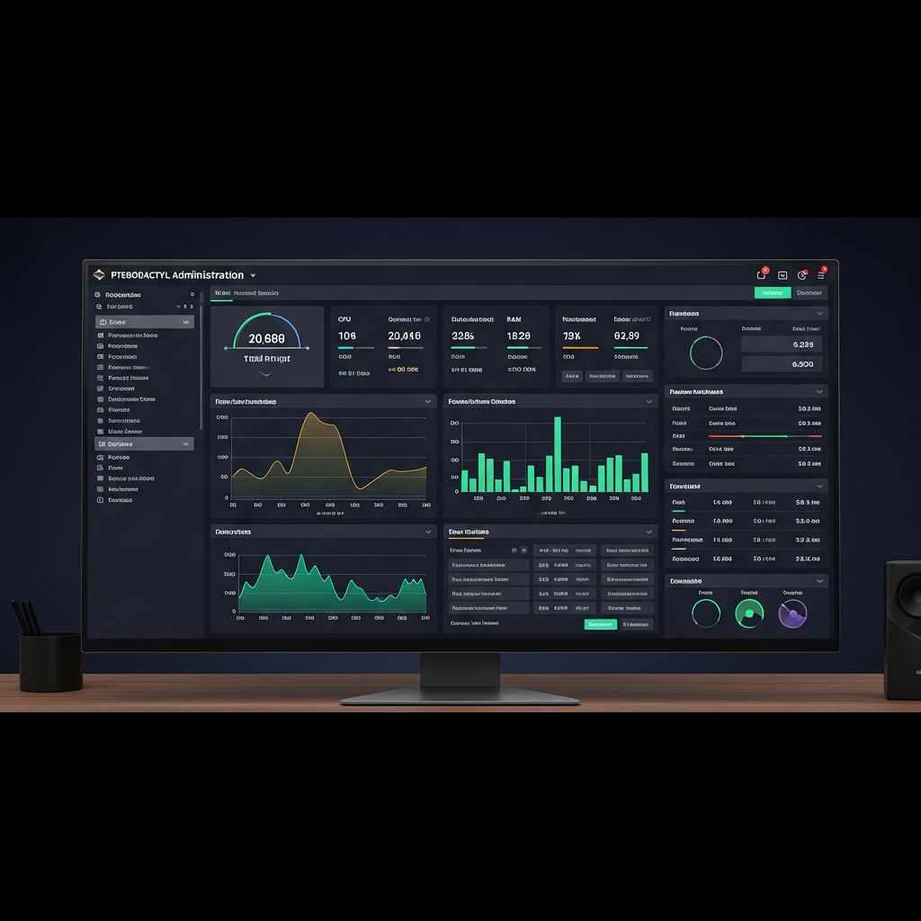 Console d'administration Pterodactyl affichant des graphiques de performance en temps réel (CPU, RAM, réseau) sur un écran 4K, interface sombre et moderne, données de serveur FiveM visibles