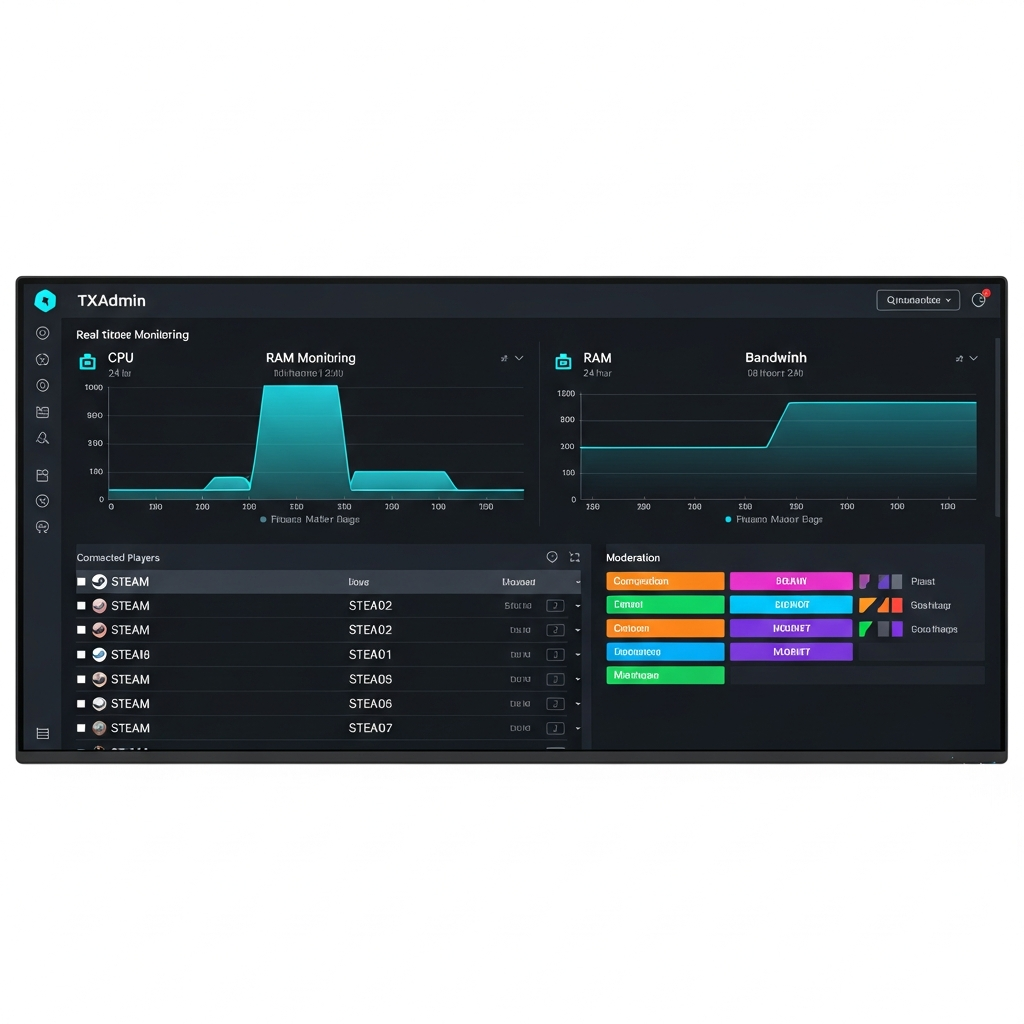 Dashboard administrateur txAdmin en vue large écran, graphiques de monitoring temps réel montrant l'utilisation CPU, RAM et bande passante sur 24h, liste des joueurs connectés avec leurs identifiants Steam, boutons de modération colorés, thème sombre professionnel avec accents cyan