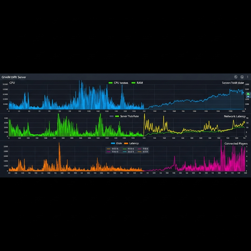 Dashboard de monitoring Grafana affichant des graphiques en temps réel de performances d'un serveur FiveM drift avec métriques CPU, RAM, tick rate, latence réseau et nombre de joueurs connectés sur fond sombre avec courbes colorées