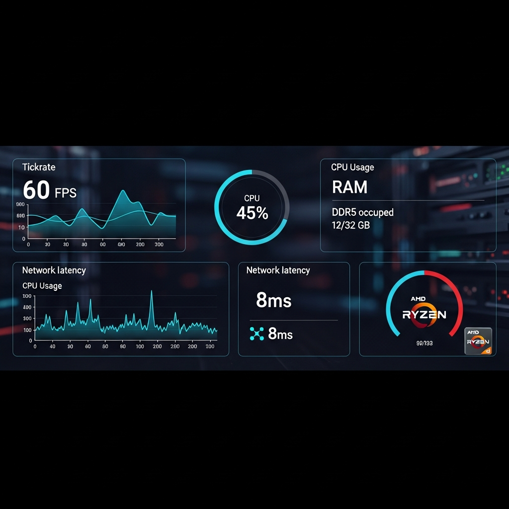 Dashboard de métricas de rendimiento en tiempo real de un servidor FiveM mostrando gráficos de tickrate estable a 60 FPS, uso de CPU al 45%, RAM DDR5 ocupada 12/32 GB, latencia de red 8ms, temperatura del procesador AMD Ryzen 9, diseño moderno estilo panel de control gaming