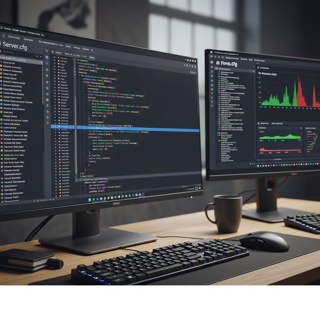 Detailaufnahme einer geöffneten server.cfg-Datei in einem Code-Editor mit Syntax-Highlighting, im Hintergrund ein zweiter Monitor mit FiveM-Server-Logs und Performance-Metriken, professionelle Entwicklerumgebung mit Kaffeetasse