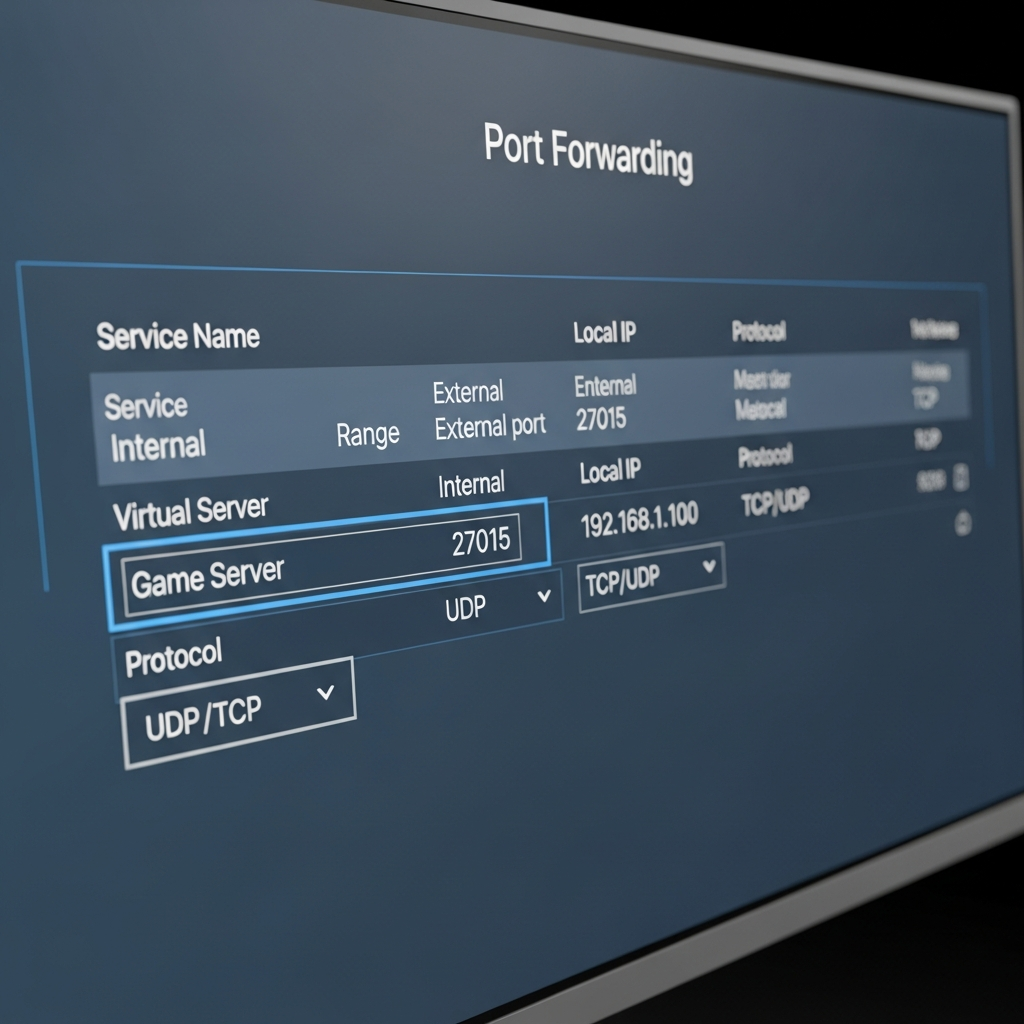 Detaillierte fotorealistische Darstellung eines Router-Konfigurationsbildschirms auf einem Monitor, sichtbar ist das Port-Forwarding-Menü mit eingetragenen Ports 27015 UDP/TCP, moderne Web-Interface-Optik, technisch präzise, scharfer Fokus auf die Eingabefelder