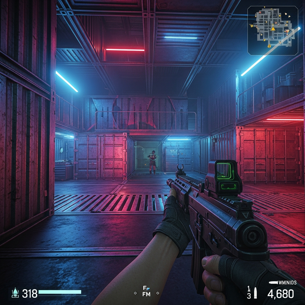 Detailreiche First-Person-Perspektive aus FiveM, Spieler hält eine moderne Kampfwaffe in einer industriellen Arena mit Metallcontainern, dynamische Beleuchtung durch Neonlichter, im Hintergrund verschwommen ein Gegner, realistische Waffen-Texturen und HUD mit Munitionsanzeige, Gesundheitsbalken und Minimap in der Ecke