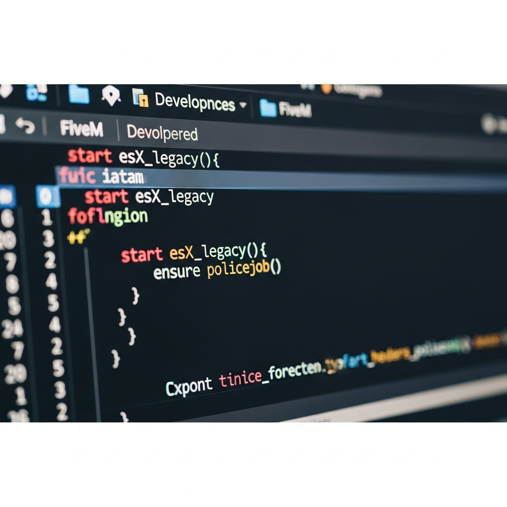Fotorealistische Nahaufnahme eines Codes auf einem hochauflösenden Monitor, Zeilen mit "start esx_legacy", "ensure policejob" und farbig hervorgehobenen Syntaxelementen, im Hintergrund verschwommene Icons von FiveM-Ressourcen und Ordner-Strukturen