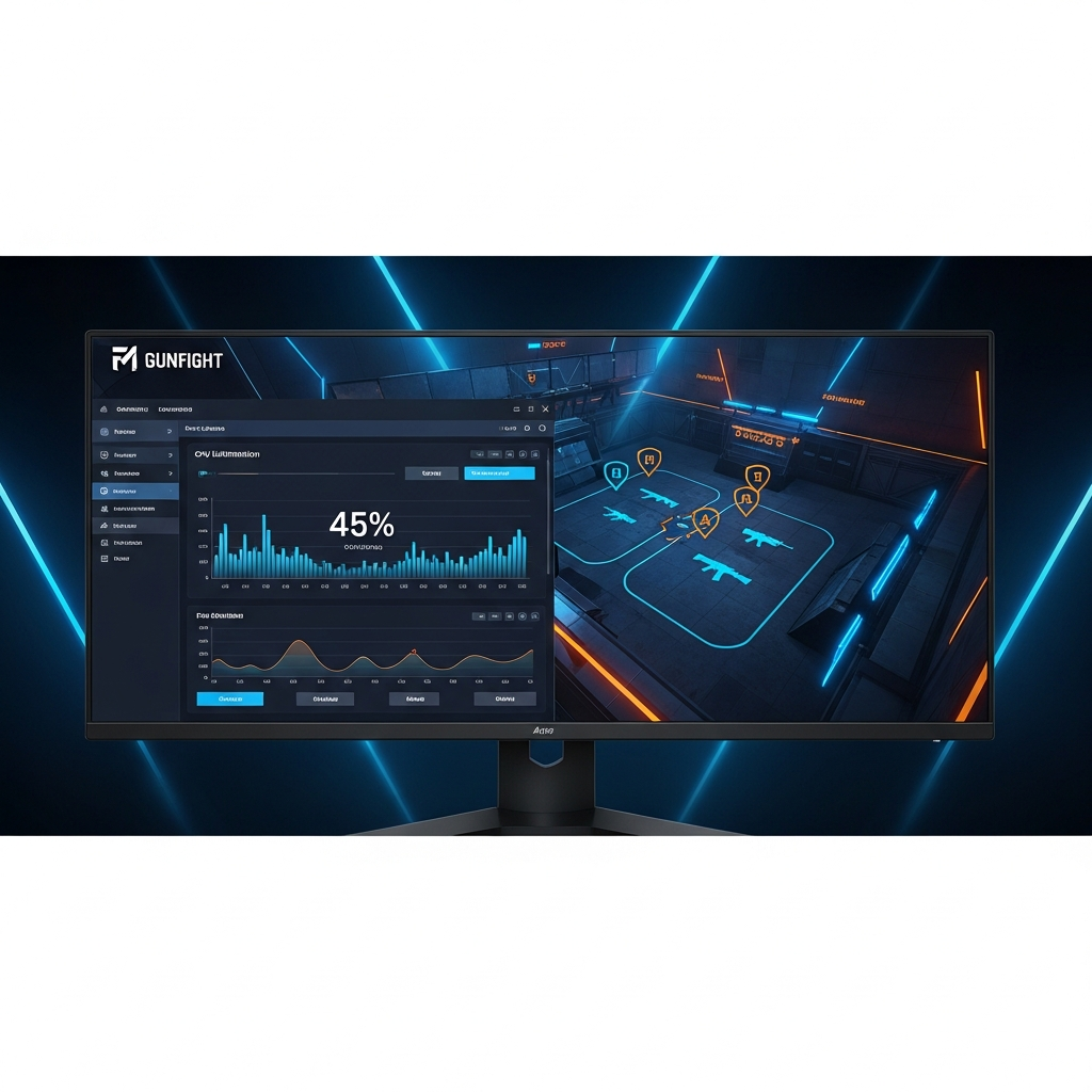 Fotorealistischer Bildschirm eines Gaming-PCs mit geöffnetem FiveM Gunfight-Server-Interface, im Vordergrund ein modernes Server-Panel mit Performance-Grafiken, CPU-Auslastung bei 45%, im Hintergrund eine stilisierte Arena-Map mit Waffenspawn-Punkten, dunkle Gaming-Ästhetik mit blauen und orangenen Akzenten
