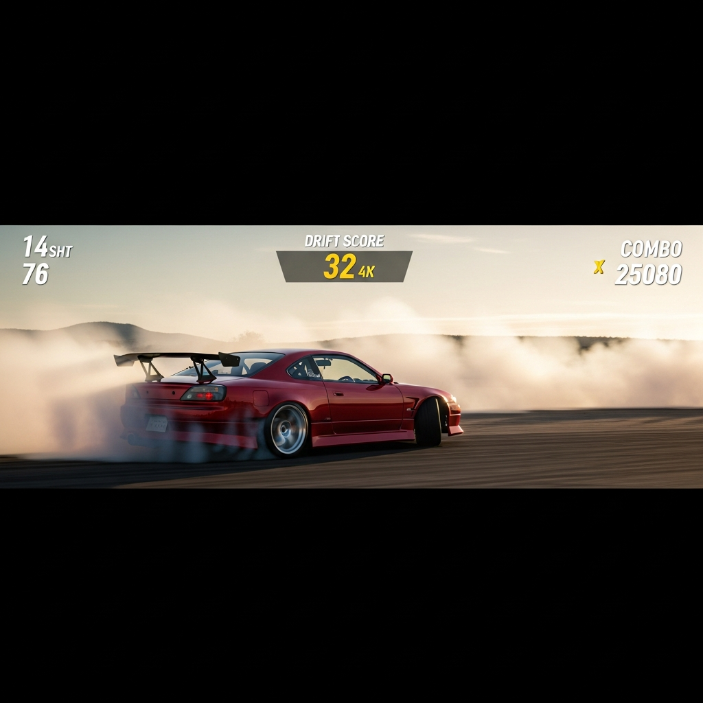 Fotorealistischer Screenshot einer Drift-Session auf einem FiveM-Server, Seitenansicht eines rot lackierten Nissan Silvia S15 beim perfekten Drift um eine Kurve mit Reifenrauch, im Hintergrund Drift-Score-UI mit Punkteanzeige und Kombo-Multiplikator, dramatische Bewegungsunschärfe und Sonnenuntergang-Beleuchtung