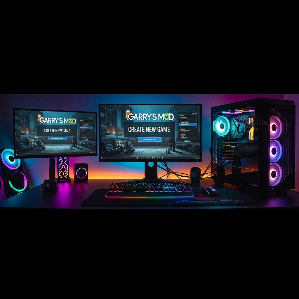 Fotorealistischer Screenshot eines Gaming-PC-Setups mit geöffnetem Garry's Mod im Hauptmenü, sichtbar ist die Option „Spiel erstellen", im Hintergrund ein moderner RGB-beleuchteter Desktop mit zwei Monitoren, warmes Licht, technisches Ambiente