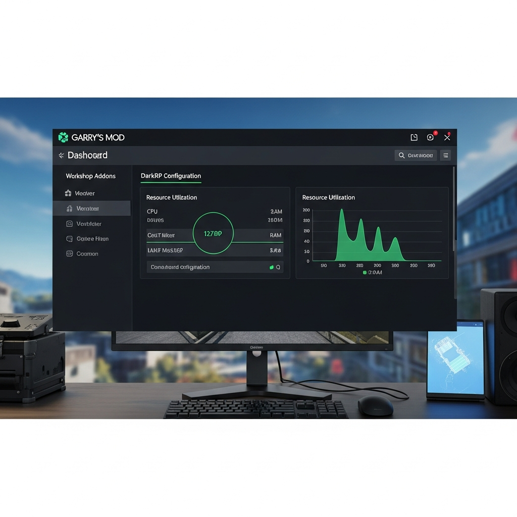 Fotorealistischer Screenshot eines Gaming-Panels mit geöffnetem Garry's Mod Server-Dashboard, sichtbar sind Reiter für Workshop-Addons, DarkRP-Konfiguration und Ressourcenauslastung (CPU, RAM), modernes dunkles UI-Design, scharfe Schrift, Desktop-Monitor im Hintergrund