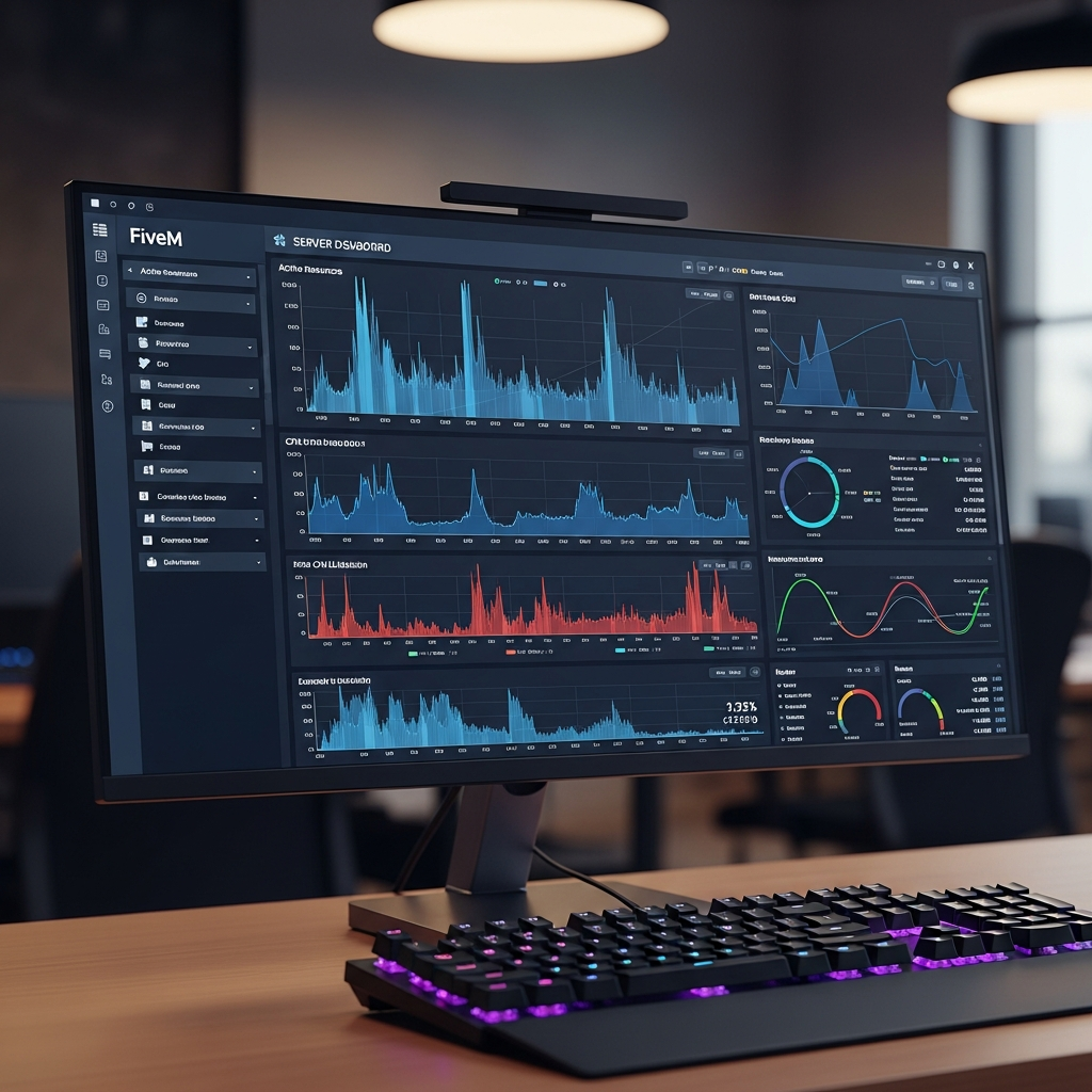 Fotorealistischer Screenshot eines modernen Server-Dashboards auf einem hochauflösenden Monitor, das die FiveM-Konsole mit laufenden Ressourcen, CPU-Auslastung und Netzwerkstatistiken zeigt, professionelle Büroumgebung mit RGB-Tastatur im Vordergrund