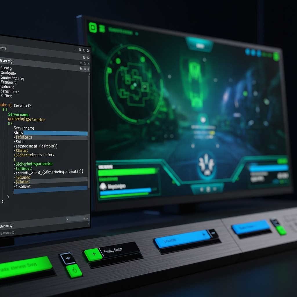Fotorealistischer Screenshot eines modernen Server-Panels mit geöffneter server.cfg-Datei, sichtbar sind farbig markierte Code-Zeilen für Servername, Slots und Sicherheitsparameter, im Hintergrund ein dunkles Gaming-Interface mit grünen und blauen Akzenten
